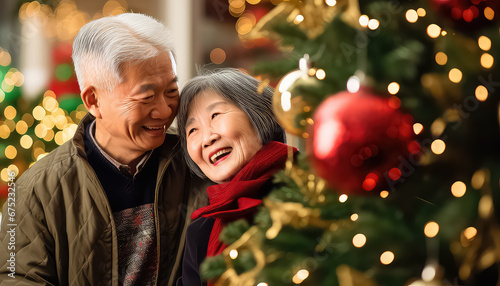 Chinese old couple decorating Christmas tree, New Year's concept