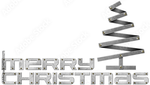 Metal folding ruler in the shape of Christmas Tree and metallic text Merry Christmas. Isolated on white or transparent background, png.