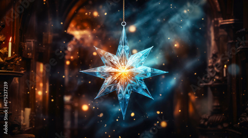 A luminous Christmas star embellishes a festive room, enveloped in the shimmering embrace of bokeh lights, radiating the joy of the holiday season