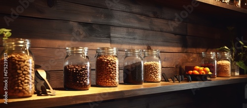 In the background of a cozy cafe the wooden walls offer a natural and organic charm while the aroma of freshly brewed coffee fills the air the texture of the dark black beans entices your s