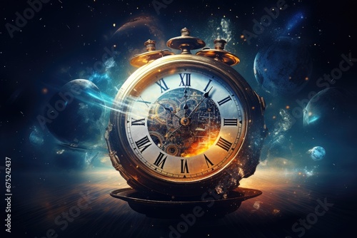 Time concept with vintage alarm clock against space background. 3D rendering, Passage of time with clock in space, AI Generated
