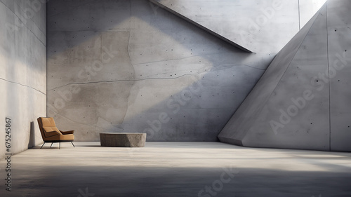 Espacio de diseño muros de cemento visto con iluminación calidad, butaca marrón 