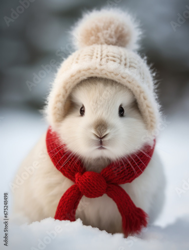 mignon petit lapin avec un bonnet de laine en hiver dans la neige