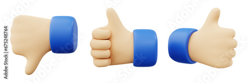 3D set cartoon Hands Thumbs up and thumbs down, Hand thumb up or like sign Gestures illustration design concept