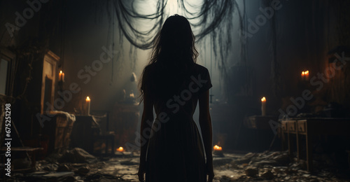 silhouette of a girl in an abandoned place. spooky atmosphere.