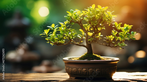 Small bonsai tree in a dark pot on green natural background with sun shine. Generative AI