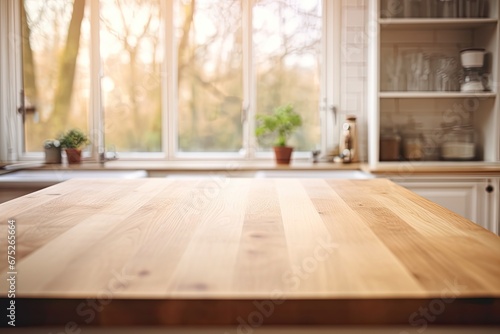 Empty wooden table in kitchen, blurred background with window. Generative AI