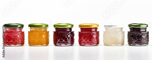 Set of assorted jams in glass bottles on white background. Sweet jams in row.