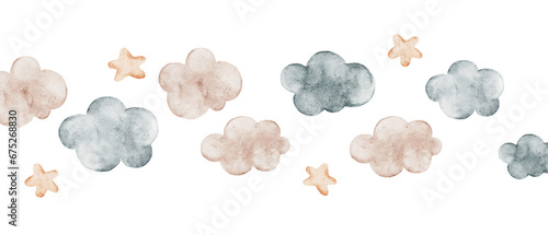 Border of watercolor clouds and stars. Perfect for prints, packaging, poster, clothes, postcards, baby shower, fabric, décor for a baby's bedroom. Hand drawn illustrations.