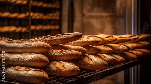 a traditional French boulangerie with a row of freshly baked baguettes cooling on a rustic wooden rack