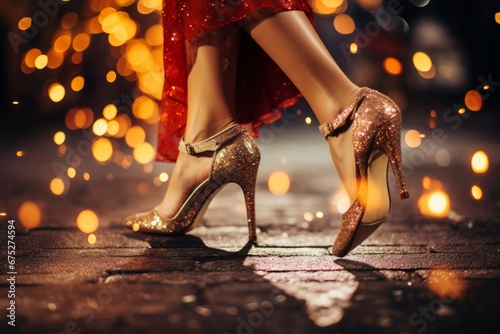 Close-up view of sparkling party shoes dancing the night away on New Year's Eve