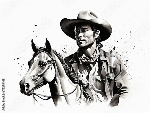 black ink painting, beautiful,Cowboy Man, wear a hat on a horse, It's powerful, isolated white background, Generative AI technology