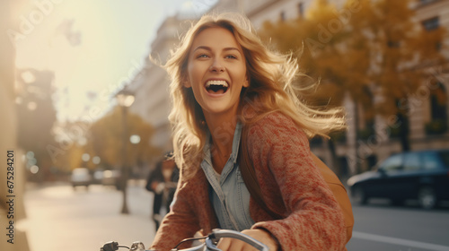 Happy young woman riding a bicycle along the road in downtown