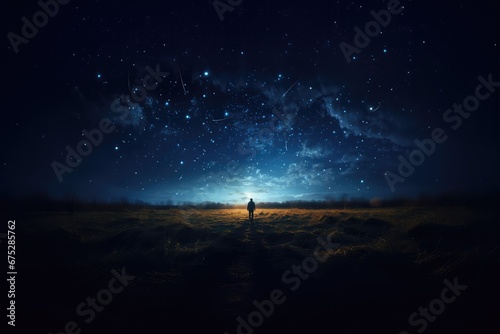 Silhouette standing at night with starry sky and Milky Way