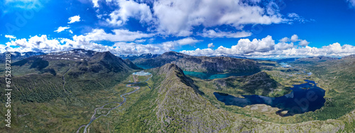 Aerial view above Jotunheimen Norway - Glacier fed lakes in the highlands and valleys of Central Norway