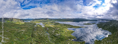 Aerial view above Jotunheimen Norway - Glacier fed lakes in the highlands and valleys of Central Norway