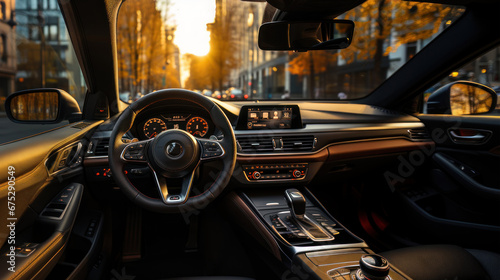 View from the driver's seat of a modern car interior in the city.