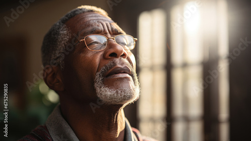 Close up portrait of mature african american man with eyeglasses with closed eyes at home.