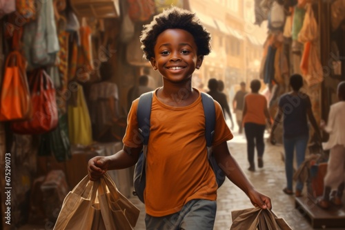a african american boy with a bag in her hands returns home with shopping
