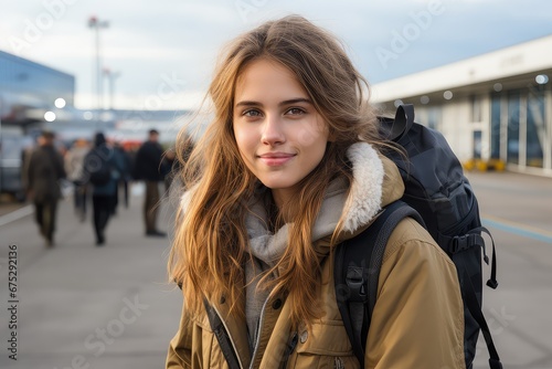 Kobieta podróżnik z plecakiem czek na pociąg lub samolot. 