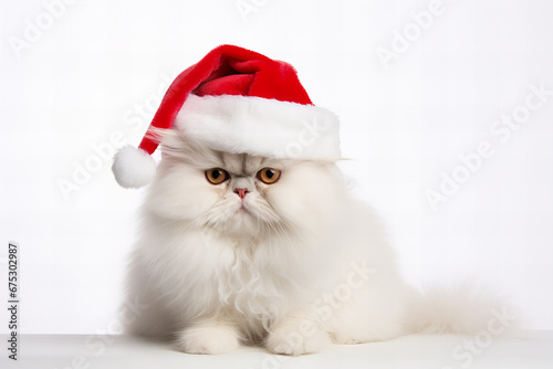 white persian cat with Santa's hat on a white background for Christmas