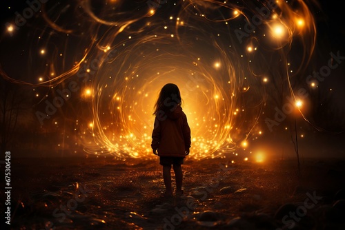 A Child Standing Before a Whirling Vortex of Golden Lights in a Mystical Evening Forest