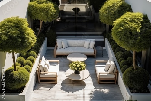Small courtyard terrace, Simple green shrubs, High end design, Modern, Aerial view.