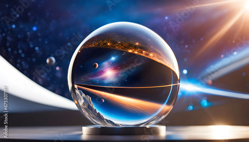 diamond ball with a world inside, futuristic world, origin of the universe,