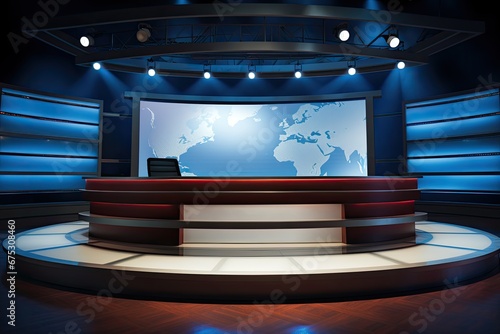 The studio's a news set. Studio TV news program. Newscaster background