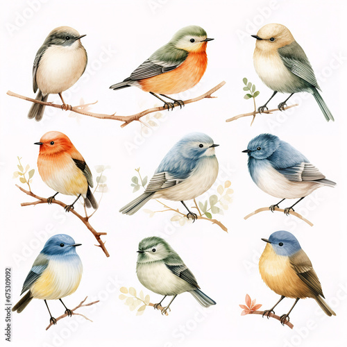 set of watercolor clip art of birds isolated on white background for graphic design