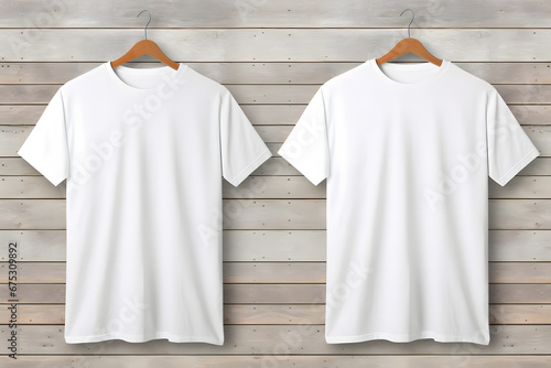 Blank White T-Shirt Mock-up on wooden hanger, front and rear side view. High resolution.