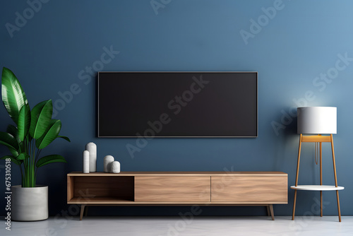 Modern interior of living room with tv on the cabinet on dark blue wall background.