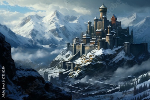A snowy fortress nestled amongst mountains. Generative AI