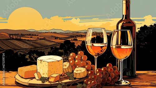 Wino i talerz serów z pięknym widokiem