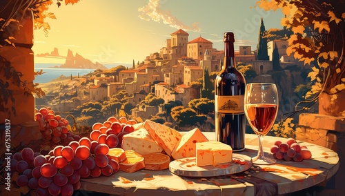 Włoskie śniadanie z winem i deską serów na tle wiejskiego krajobrazu. 