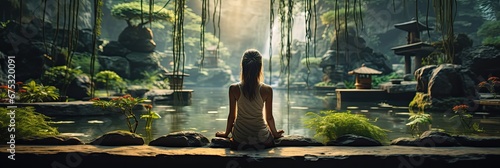 Kobieta medytująca w azjatyckim ogrodzie zen. 