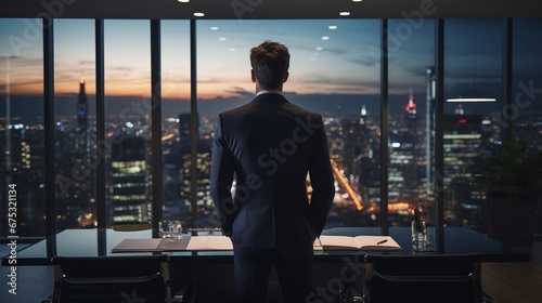 business man, back view, in the office, skyline view