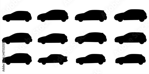 Set with 12 different silhouette types of hatchback cars in vector, side view. Doodle collection. 