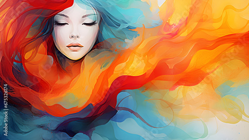 Women face watercolor illustration, splash of colorful paint, orange and blue swirls of colors, waves, splatter of acrylic paint, Abstract painting with vibrant colors, paint, brush strokes 