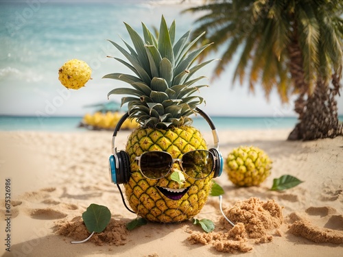 A cheerful 3D ananas character with headphones, sunglasses, on a sandy beach