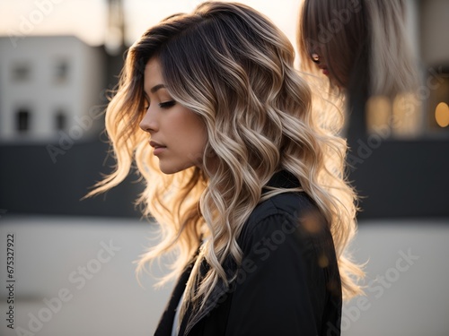 stylish ombré hairstyle with dark roots transitioning to lighter blonde ends