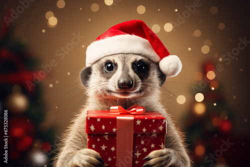 Cute meerkat in red christmas hat holding a red gift box