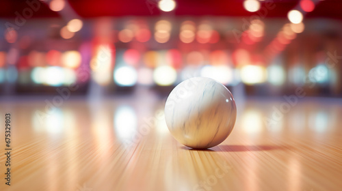 White bowling ball on the track. Sport game. For sport design or web background. Generative ai