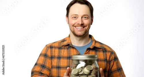 Hombre Joven sonriente Sosteniendo Bote de ahorros con dinero dentro