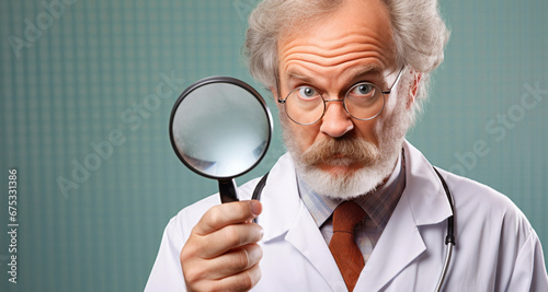 Hombre médico con estetoscopio en bata blanca aguantando una lupa fondo azul uniforme