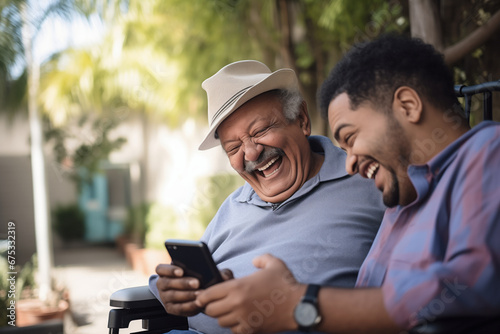 A Latin adult grandson shares moments of fun with his wheelchair-bound grandfather. They laugh heartily while watching a mobile device, the importance of valuing the time we spend with our loved ones.
