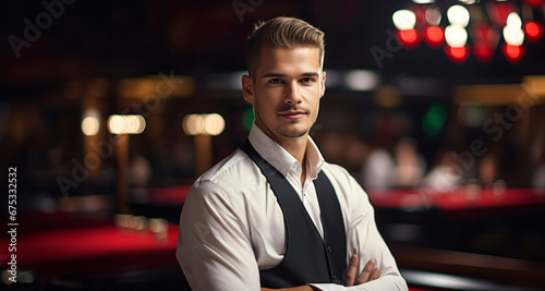 Hombre joven camarero vestido elegantemente en chaleco negro posando de brazos cruzados en un restaurante