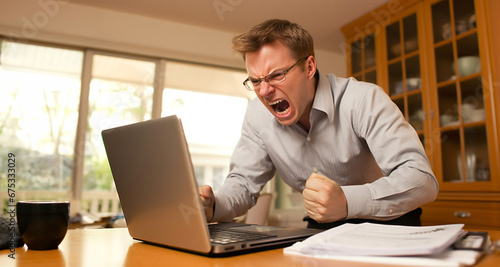 Hombre Estresado frustrado apretando los puños utilizando el ordenador