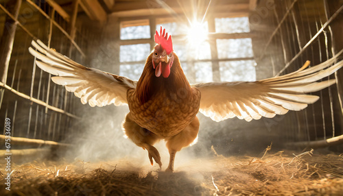 rooster in his henhouse sings happily the new dawn