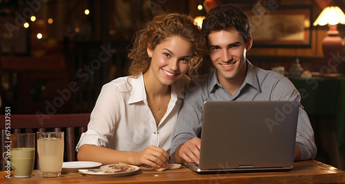 Hombre y mujer en pareja trabajando en el mismo ordenador en un proyecto de noche